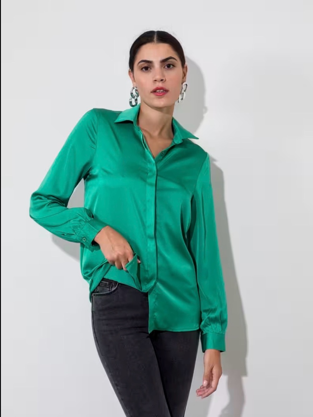 Adrianna Papell Green Button Front Stretch Blouse Size S